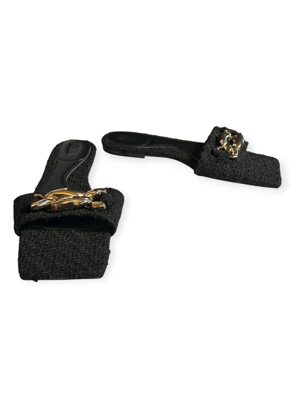 Zara Black Tweed Chunky Gold Chain Flat Slides Sandals Size 9